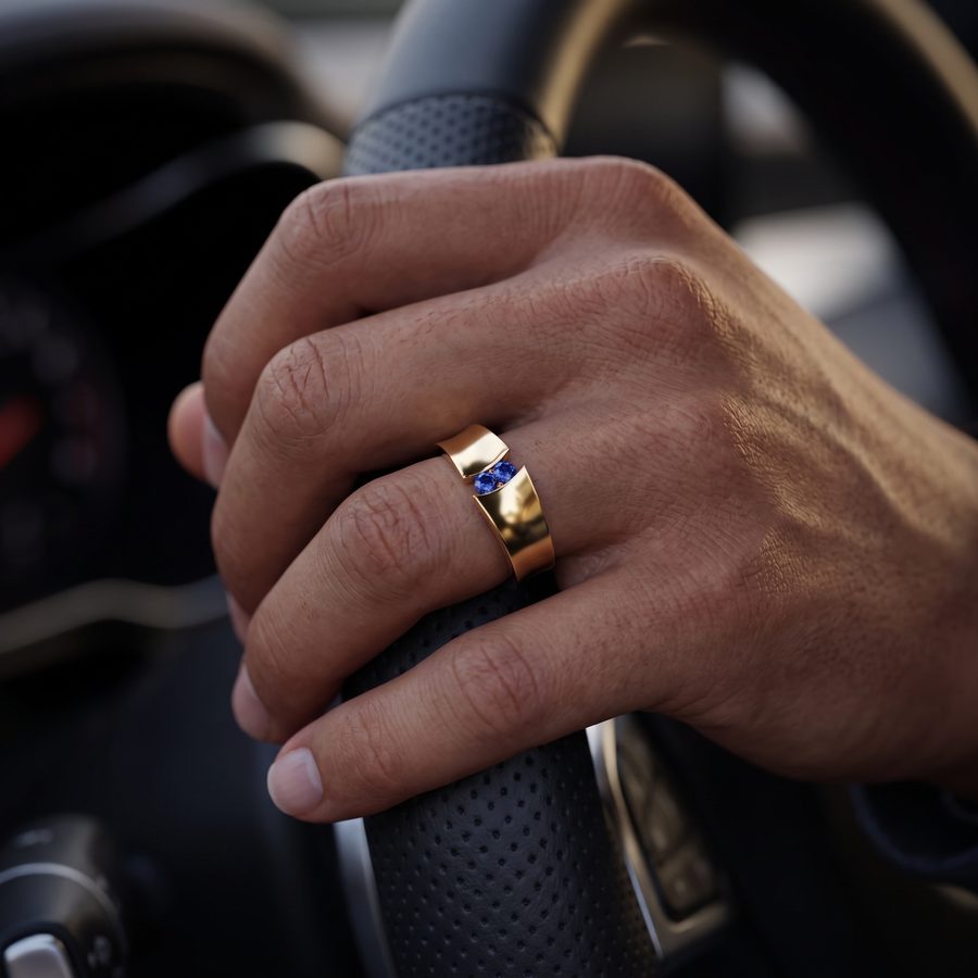 Men's yellow gold sapphire ring on a hand at a car steering wheel, AI lifestyle render