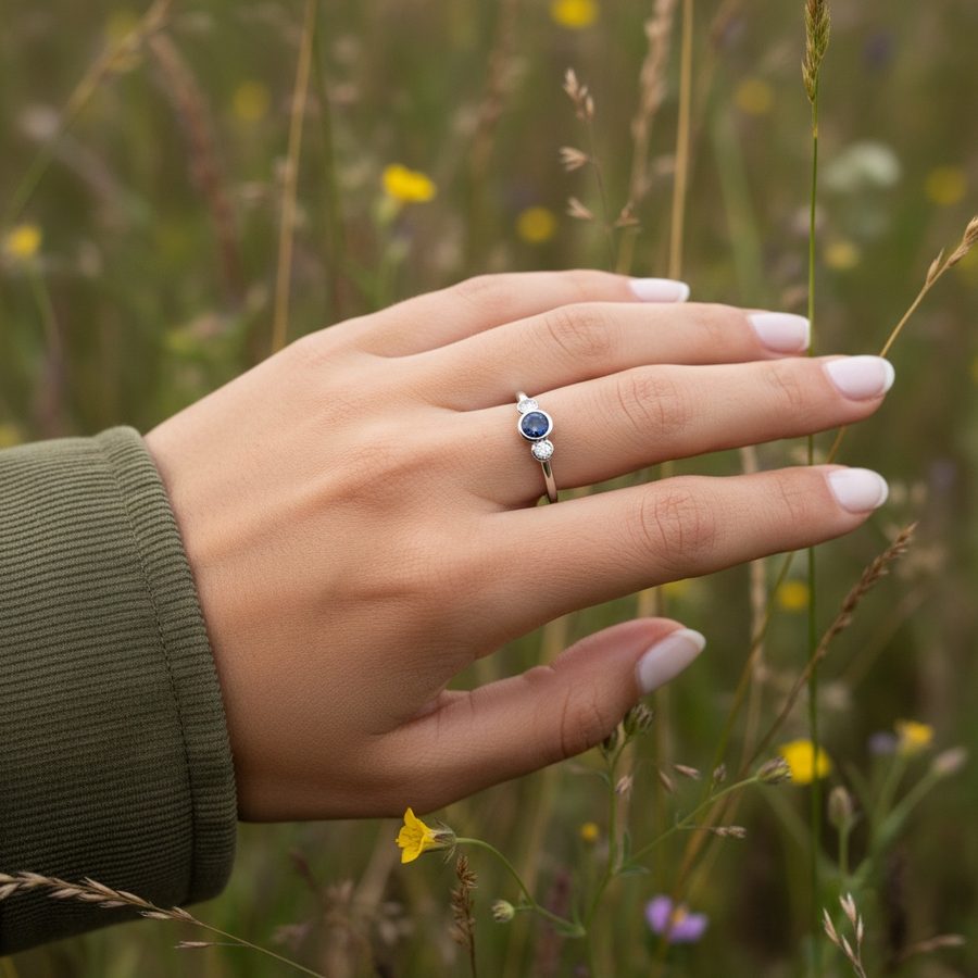 Two stone bezel-set sapphire and diamond ring on a hand in a wildflower meadow, AI lifestyle render