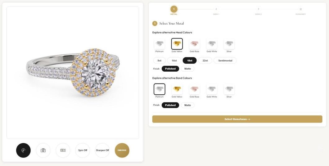 The 247CadControl 3D configurator showing a double halo ring with an 18ct yellow gold head on a platinum band