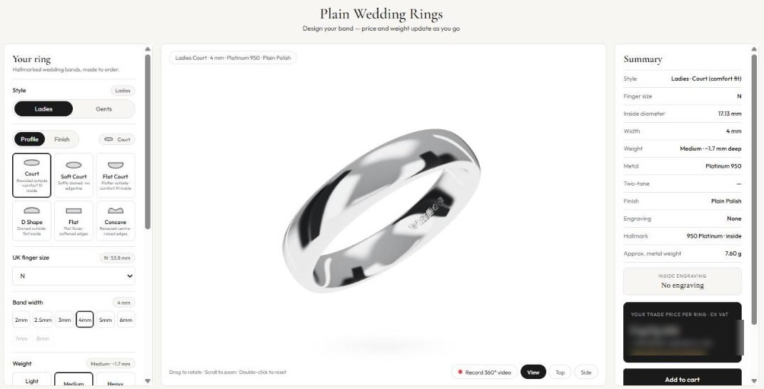 Plain wedding ring maker with live 3D band and summary
