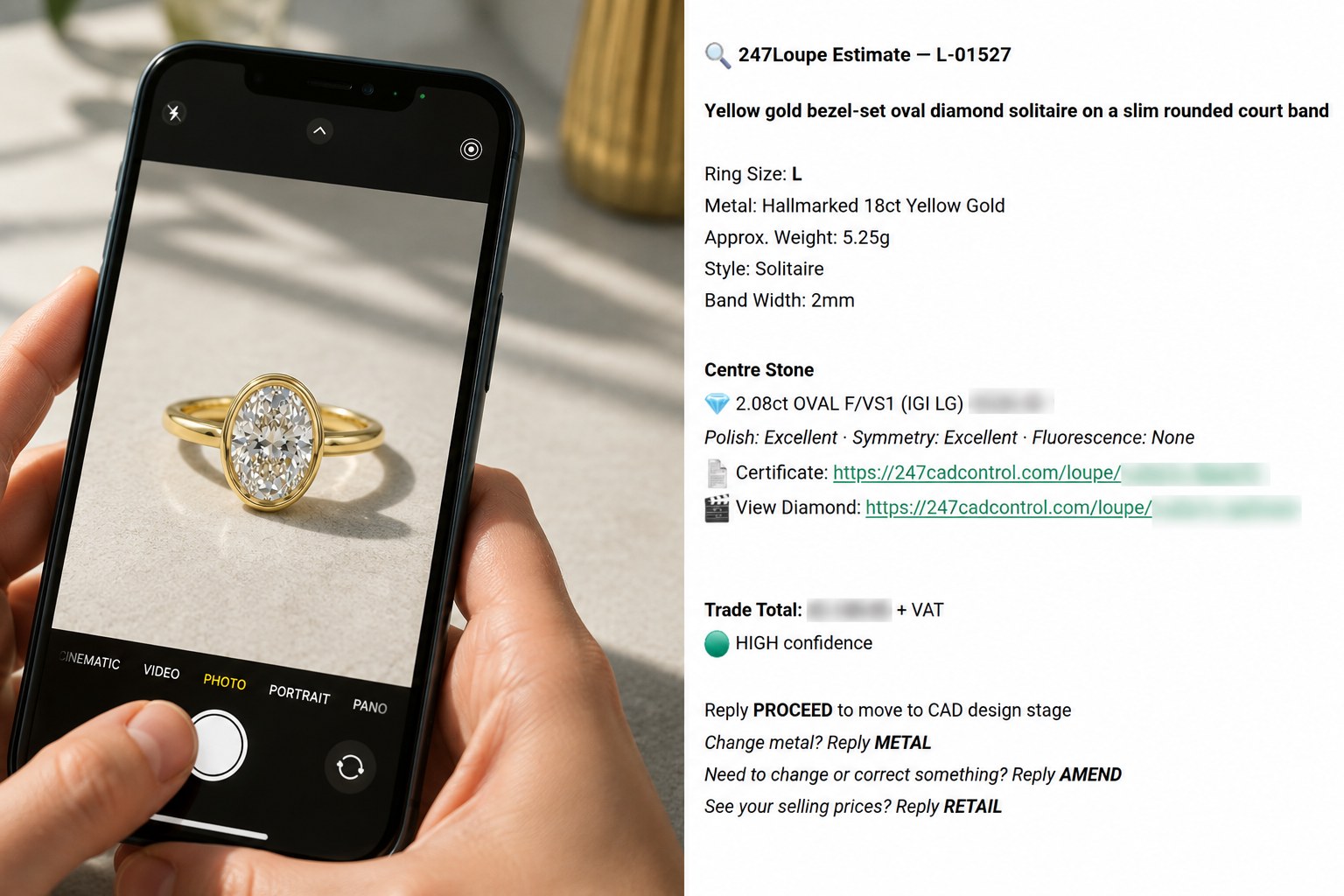 A jeweller photographs a yellow gold bezel-set oval diamond solitaire on their phone, next to the 247Loupe estimate it returns: ring size L, hallmarked 18ct yellow gold, 5.25g, a 2.08ct oval F/VS1 centre stone and a trade total.